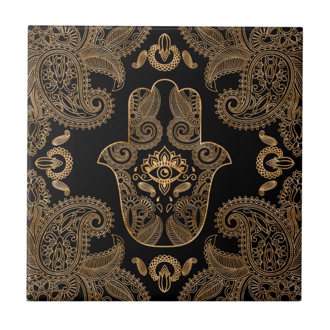 Hamsa Hand Black and gold Ornament Tile (Front)
