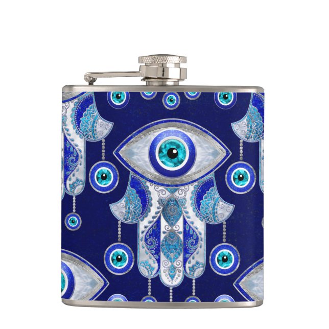 Hamsa Hand -Evil Eye Pattern Hip Flask (Front)