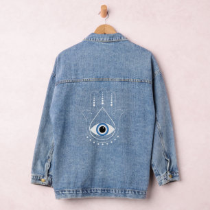 Hamsa Hand Greek Evil Eye Blue Denim Jacket