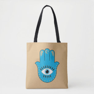 Hamsa Hand Greek Evil Eye Blue Tote Bag