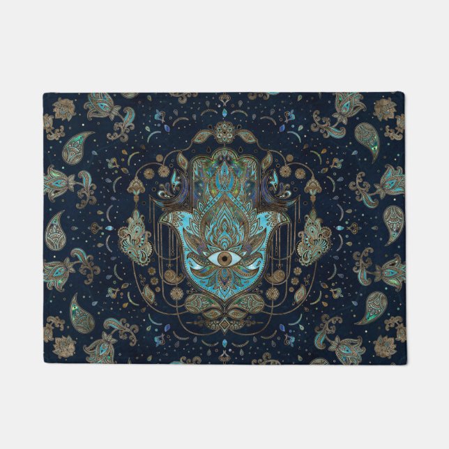 Hamsa Hand -Hand of Fatima Blue Gemstones Doormat (Front)
