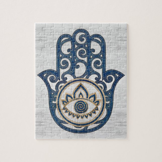 Hamsa Hand - Hand of Fatima blue wood Jigsaw Puzzle (Vertical)