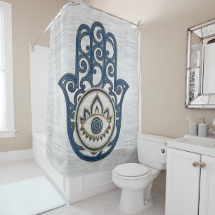 Hamsa Hand - Hand of Fatima blue wood Shower Curtain