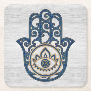 Hamsa Hand - Hand of Fatima blue wood Square Paper Coaster