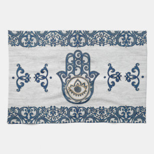 Hamsa Hand - Hand of Fatima blue wood Tea Towel