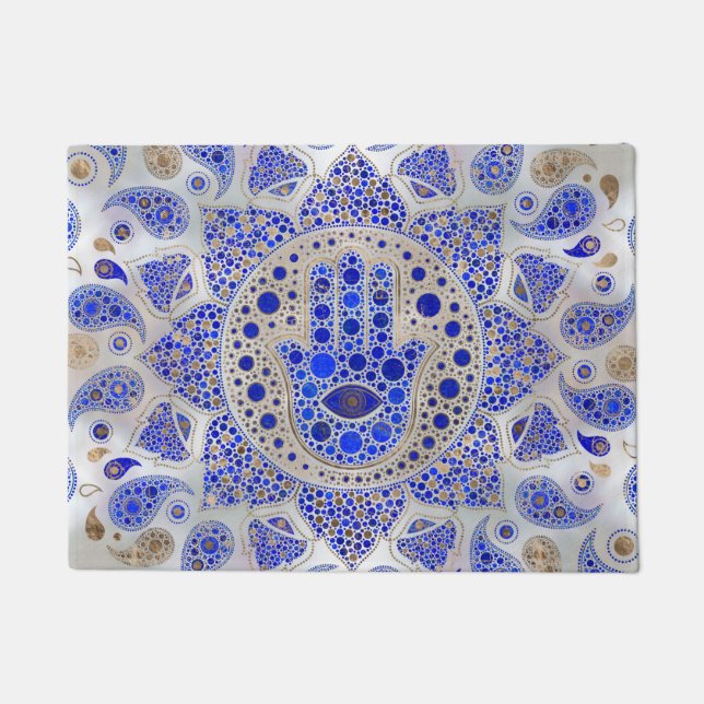 Hamsa Hand -Hand of Fatima on Mother of Pearl Doormat (Front)