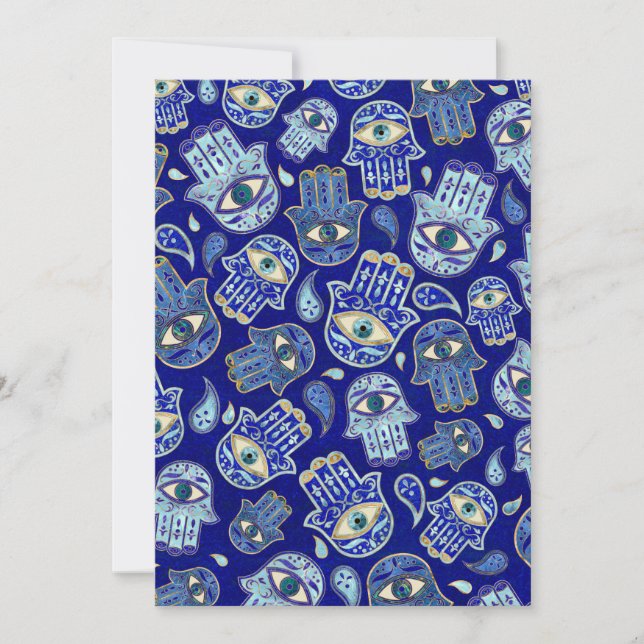 Hamsa Hand - Hand of Fatima pattern Blue Minerals Holiday Card (Front)