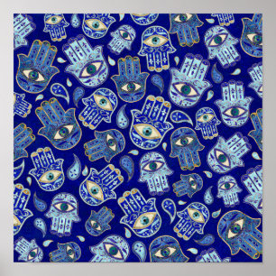 Hamsa Hand - Hand of Fatima pattern Blue Minerals Poster