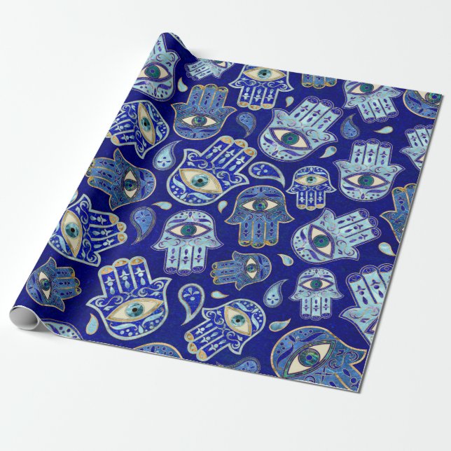 Hamsa Hand - Hand of Fatima pattern Blue Minerals Wrapping Paper (Unrolled)