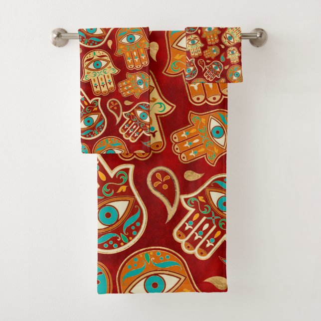 Hamsa Hand - Hand of Fatima Teal Terracotta Bath Towel Set (Insitu)