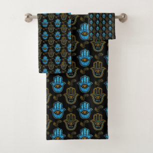 Hamsa Hand pattern - Gold and Blue glass Bath Towel Set