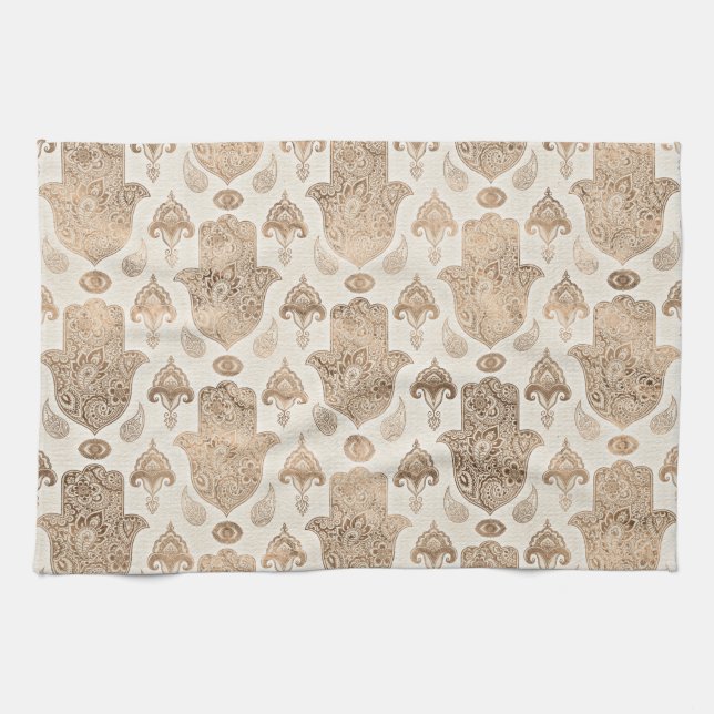 Hamsa Hand Pattern Pastel Gold Tea Towel (Horizontal)
