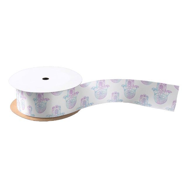 Hamsa Hand Pattern Purple and Blue Satin Ribbon (Spool)