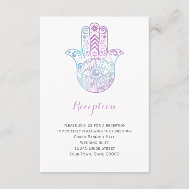Hamsa Hand Purple Blue Wedding Reception Info Card (Front)
