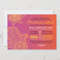 HAMSA HAND Red Orange Bat Mitzvah Invitation