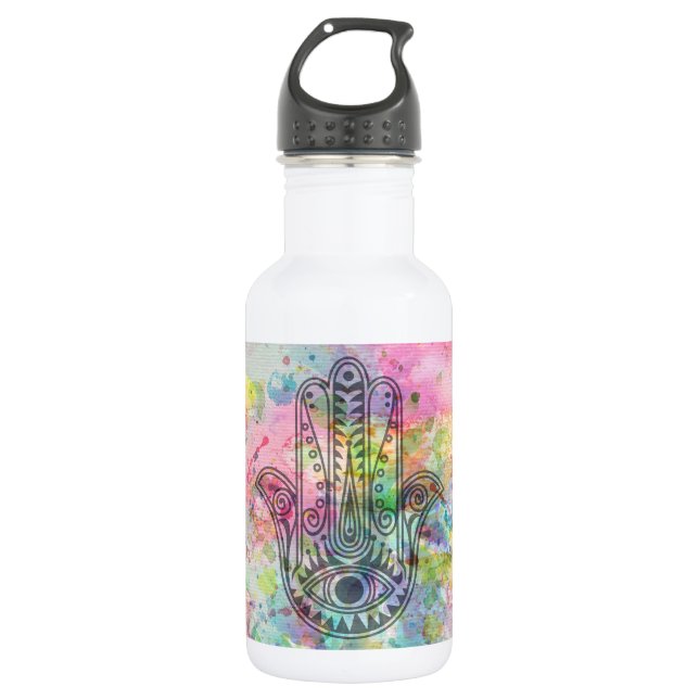 HAMSA Hand Symbol Colourful Watercolor 532 Ml Water Bottle (Front)