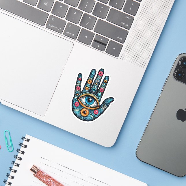 Hamsa Hand with and eye art illustration (Laptop w/ iPhone)