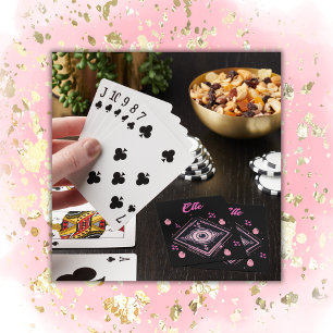 Hamsa Hand with Evil Eye and Hearts Pink on black Playing Cards