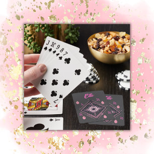 Hamsa Hand with Evil Eye and Hearts Pink on grey Playing Cards