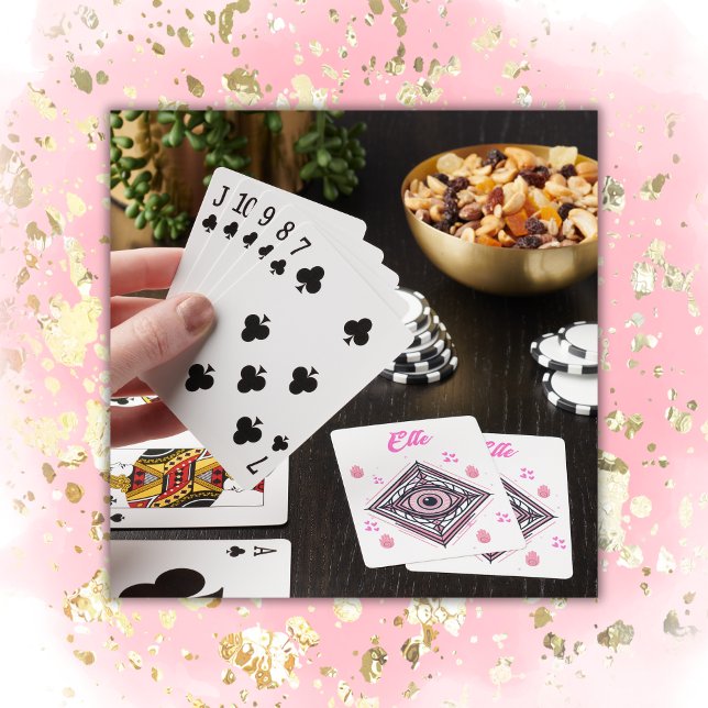 Hamsa Hand with Evil Eye and Hearts Pink on white Playing Cards (Creator Uploaded)
