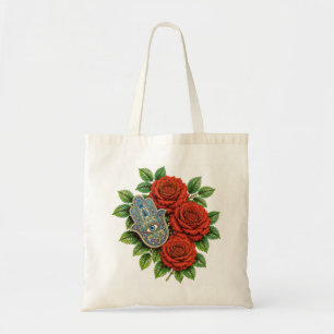Hamsa Hand with Red Roses & Evil Eye Floral Art Tote Bag