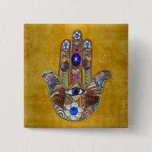 Hamsa Hearts Flowers Opal Art on Gold 15 Cm Square Badge