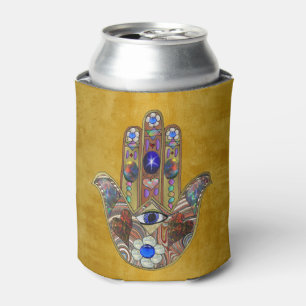 Hamsa Hearts Flowers Opal Art on Gold Can Cooler