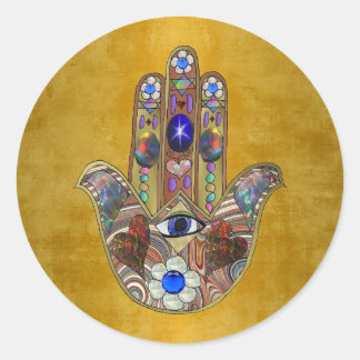 Hamsa Hearts Flowers Opal Art on Gold Classic Round Sticker