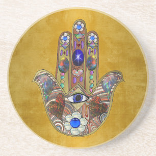 Hamsa Hearts Flowers Opal Art on Gold Coaster