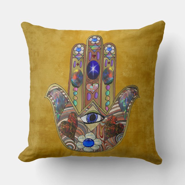 Hamsa Hearts Flowers Opal Art on Gold Cushion (Front)