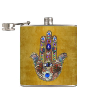 Hamsa Hearts Flowers Opal Art on Gold Hip Flask