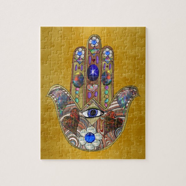 Hamsa Hearts Flowers Opal Art on Gold Jigsaw Puzzle (Vertical)