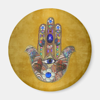 Hamsa Hearts Flowers Opal Art on Gold Magnet