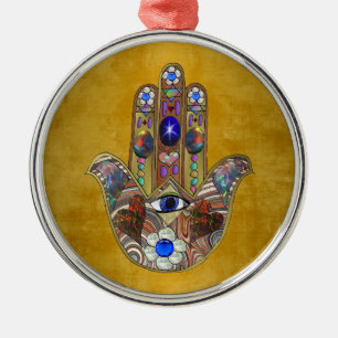 Hamsa Hearts Flowers Opal Art on Gold Metal Tree Decoration