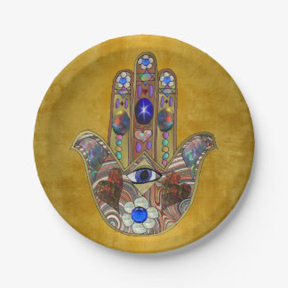 Hamsa Hearts Flowers Opal Art on Gold Paper Plate