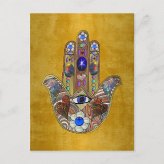 Hamsa Hearts Flowers Opal Art on Gold Postcard