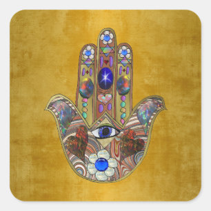 Hamsa Hearts Flowers Opal Art on Gold Square Sticker