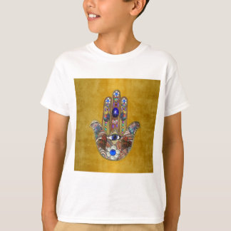 Hamsa Hearts Flowers Opal Art on Gold T-Shirt
