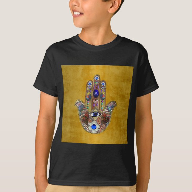 Hamsa Hearts Flowers Opal Art on Gold T-Shirt (Front)