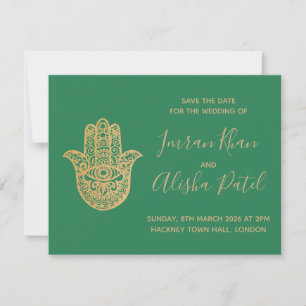 hamsa Henna Gold Green Desi Wedding Invitation