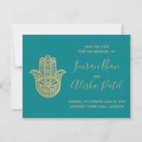 hamsa Henna Gold Teal Blue Desi Wedding Invitation