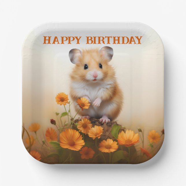Hamster Amongst Orange Flowers Birthday Paper Plate (Front)