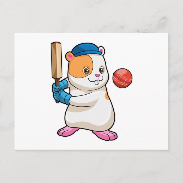 Hamster at Cricket with Cricket bat & Cap Postcard (Front)