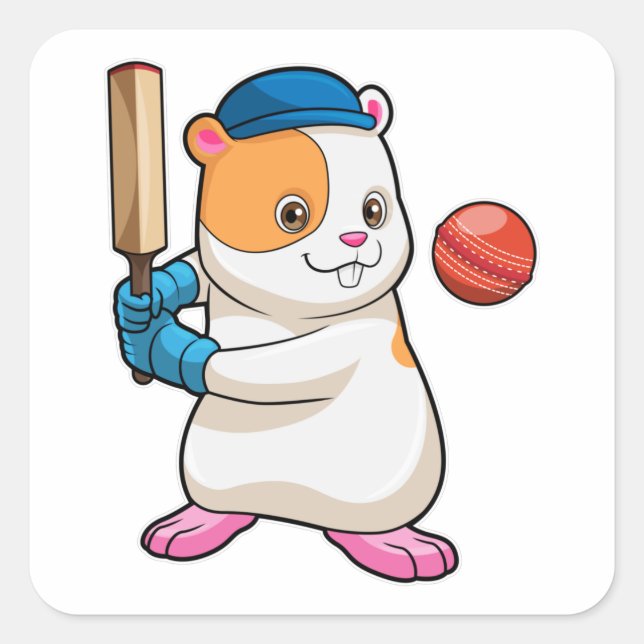 Hamster at Cricket with Cricket bat & Cap Square Sticker (Front)