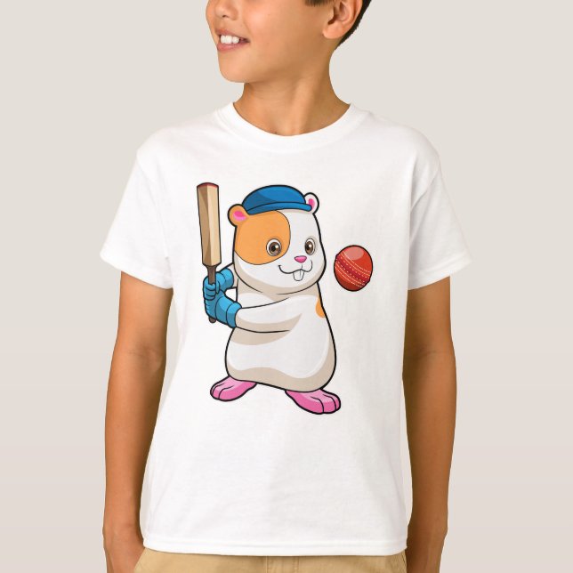 Hamster at Cricket with Cricket bat & Cap T-Shirt (Front)