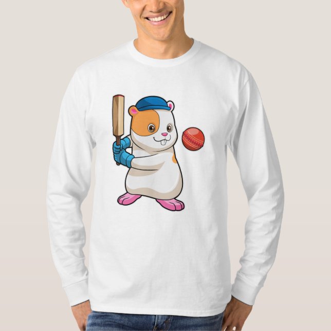 Hamster at Cricket with Cricket bat & Cap T-Shirt (Front)