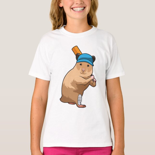 Hamster at Cricket with Cricket bat T-Shirt (Front)
