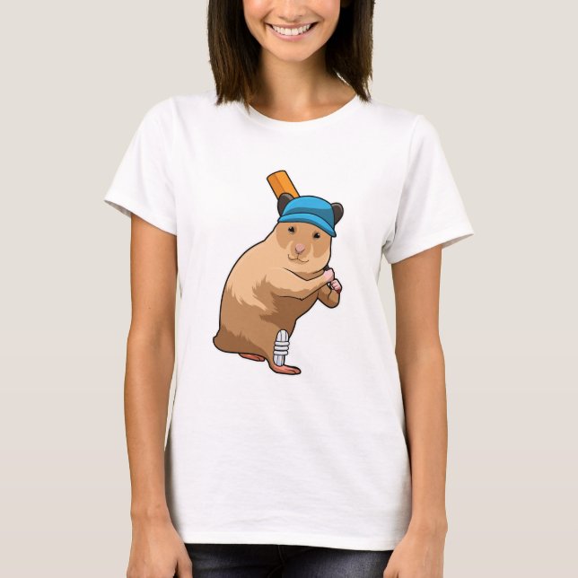 Hamster at Cricket with Cricket bat T-Shirt (Front)