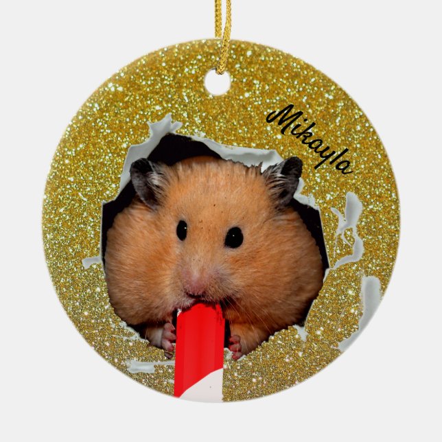 Hamster Chews Hole in Glittery Golden Ornament (Front)