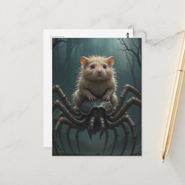 Hamster Riding a Spider Postcard (Front/Back In Situ)